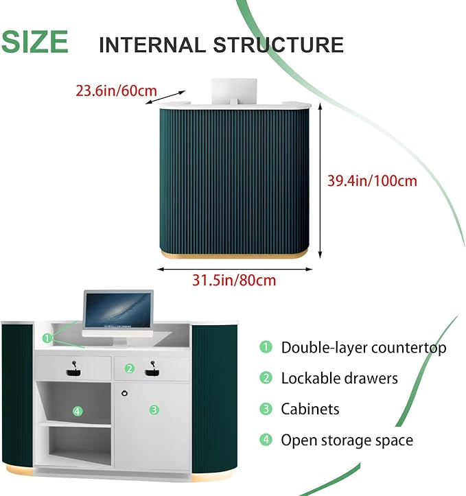 Small Reception Desk with Drawer and Cabinet Front Desk Receptionist Counter No Assembly Required Reception Room Tables Checkout Counter for Shop Retail Office Salon Lobby Green 31inch/80cm