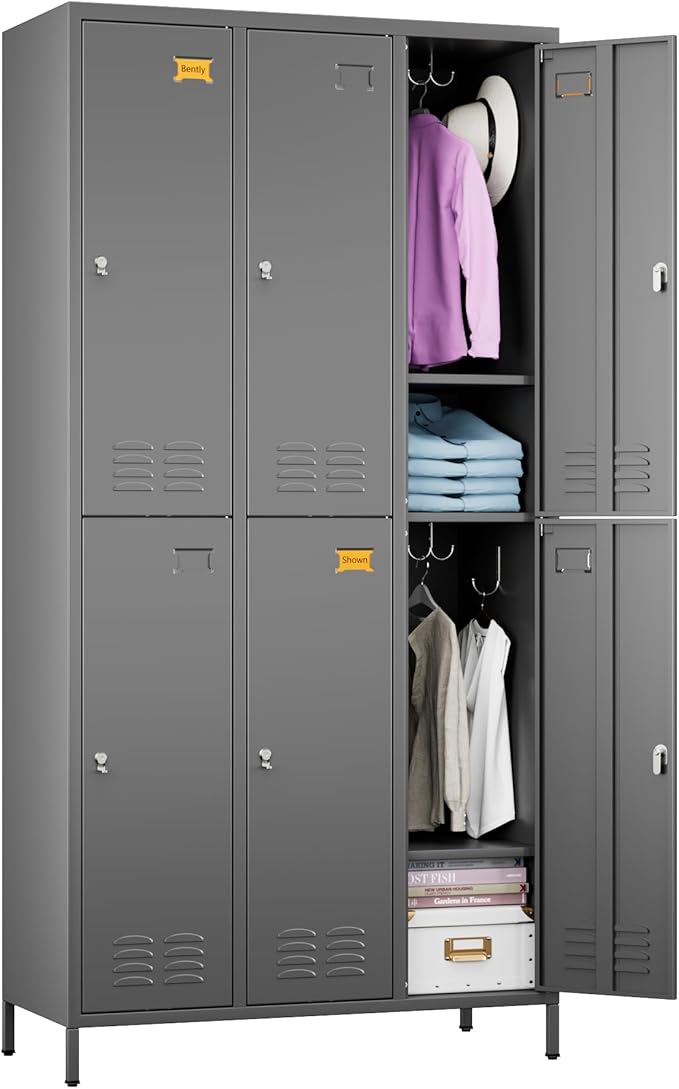 Aobabo Metal Locker for Employees, 6 Doors Metal Locker Cabinet with Lock, Industrial Storage with 18 Hooks, Storage for Office, Gym, Dormitory, Assembly Required, Dark Grey