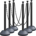 6-Set Pack 40" inch Black Work Zone Chain Post Set, Traffic Queue Delineator Post Cones, 6 x 6.6' Feet Plastic Chains, Portable Crowd Control Stanchions Set (Black-Water Filled Base)