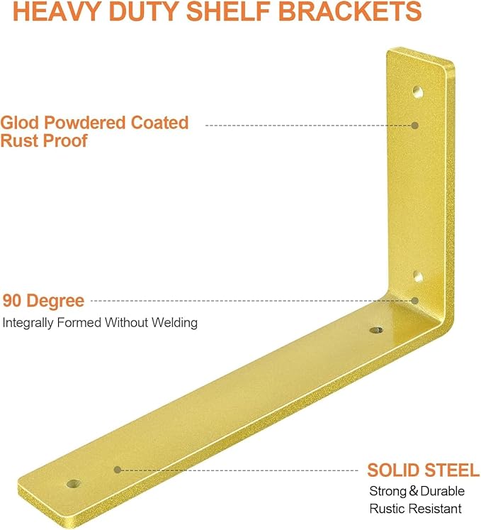 Gold Floating Shelf Bracket 10 Inch, 6 Pack Heavy Duty Shelf Brackets, Wall Shelf Bracket for DIY Decorative with Mounting Hardware