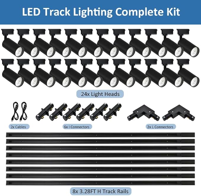 BravsekH Type LED Track Lighting Heads Kit, 24 Heads 6000K Cool White with 26.22FT Track Rail, 20W 2700lm High Brightness, Angle Adjustable Track Light