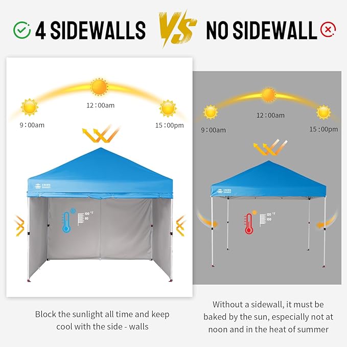 CROWN SHADES 10X10 Comercial Instant Canopy Pop Up Tent with Center Lock, 300D Fabric, 4 Sidewalls, Sto'N Go Bag, Sky Blue