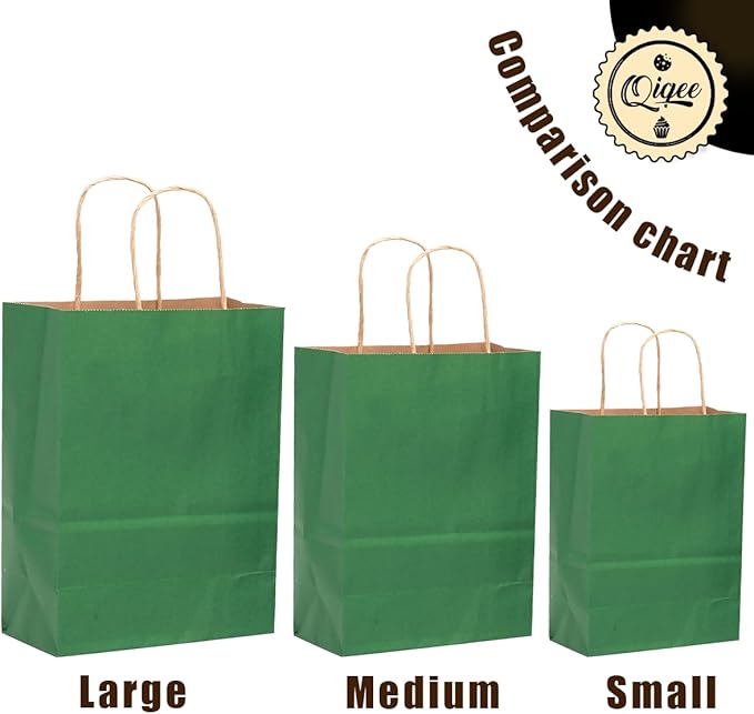 qiqee 100PCS Gift Bag with Handles Bulk Kraft Deep Green Paper Bags Assorted Sizes(33pcs Large 13",33pcs Medium 11",34pcs Small 8")
