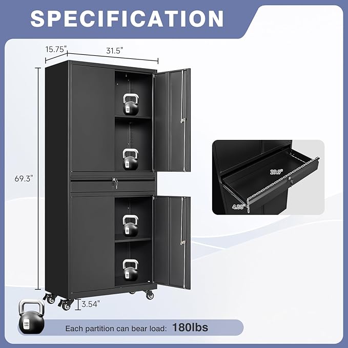Metal Garage Storage Cabinet with 4 Wheels,Lockable Storage Cabinet with Adjustable Shelves and 1 Drawer,Rolling Tool Cabinet for Workshop Garage and School(Black)