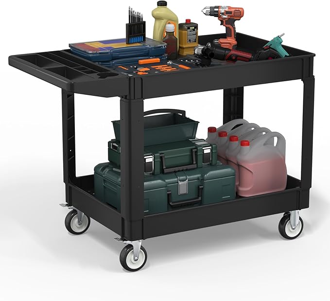 Heavy Service Utility Cart on Wheels,Tool Cart on Wheels, Service Cart for Garage, Warehouse, Workshop, Office, Cleaning (Black-45.7 inch)