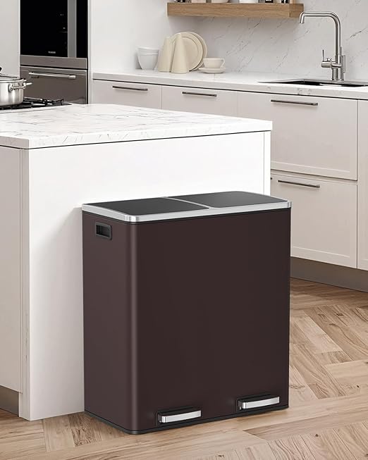 Arlopu Dual Trash Can, 2 x 8 Gallon (2 x 30 L) Hands-Free Trash and Recycle Bin Combo, Stainless Steel Kitchen Garbage Can with Soft-Close Lid, Removable Inner Buckets, Step Pedal, Airtight (Brown)