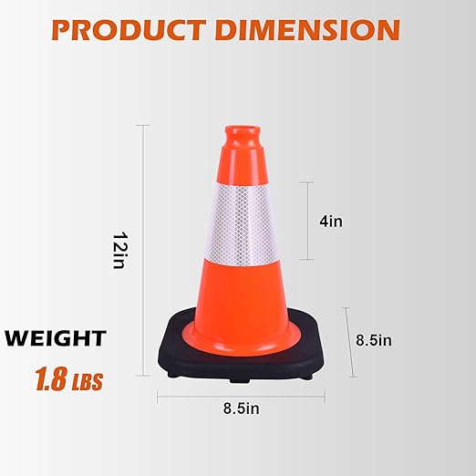 6 Pack 12" Orange PVC Safety Cones with Reflective Stripe, Black Base Stackable Training Cones for Soccer, Sports Drills, Gym, and Indoor or Outdoor Activities (6, Orange, 12 Inch)