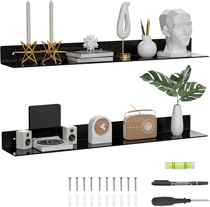 36 Inches Acrylic Long Wall Shelf Set of 2, Black Wall Mounted Acrylic Bathroom Storage Shelves Display Organizer, Floating Shelf for Bottle Oragnizer, Spice, Wine, Toys, Controller, Cup