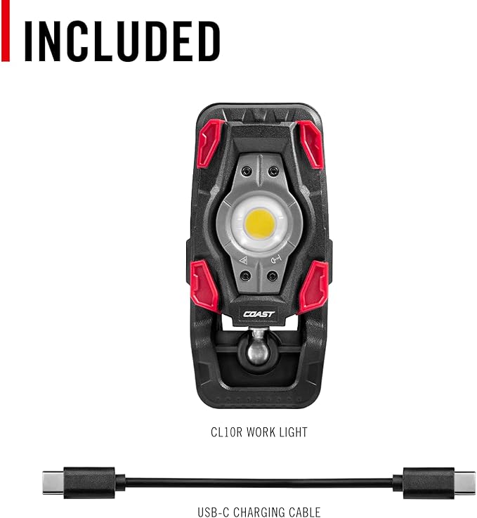 Coast CL10R 1000 Lumen Rechargeable Dual Power Rotating LED Magnetic Clamp Light, Black/Red