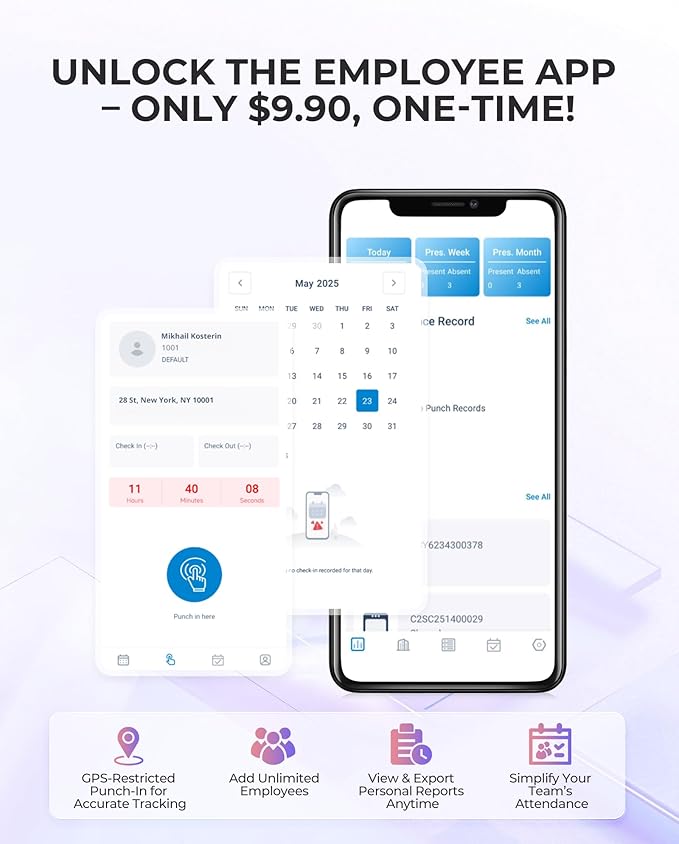NGTeco Time Clock Cloud-Based, TC5 Face Recognition Time Clocks for Employees Small Business, 2.4G WiFi Remote Control Clock in and Out Machine with Software & iOS/Android App, No Monthly Fee