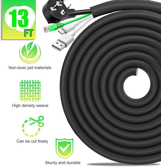 AIERSA 13FT Cord Protectors from Pets No Chew,Wire Protector for Cats,Rabbits,Dogs,Black Durable Braided Cord Cover,Cable Sleeves for Cord Management and Pet Protection