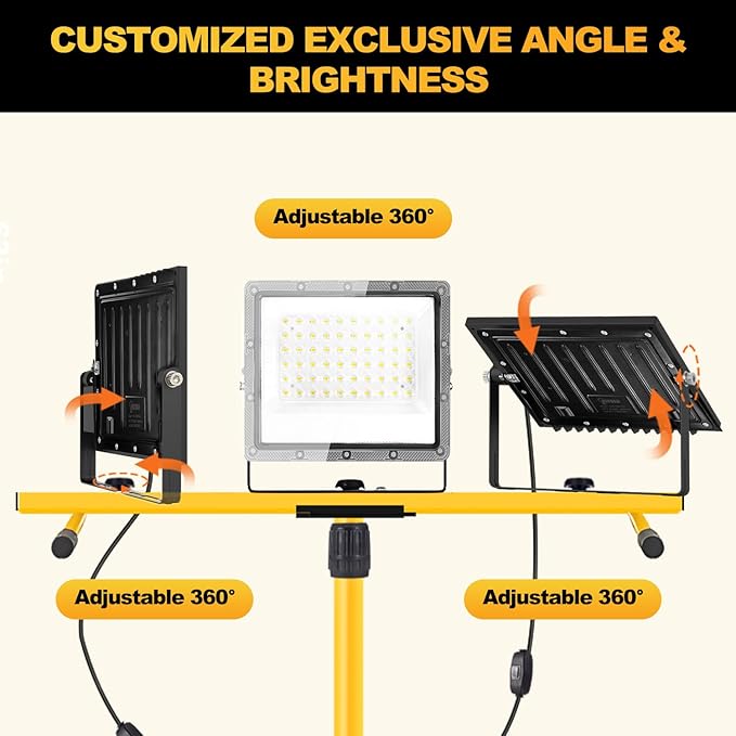 27000 Lumen LED Work Light with Stand, 3-Head Adjustable Tripod Lights with 16.5FT Extended Cord, IP65 Waterproof Work Lamp for Indoor & Outdoor Job Sites, Workshops, Construction, Garage Lighting