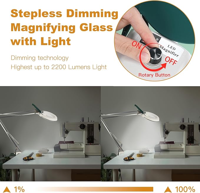 10X Magnifying Glass with Light and Stand,LED Dimmable Lighted Desk Lamp with Clamp,Magnifier Hands Free-Adjustable Stainless Steel Bracket,for Crafts Hobbies Reading Painting Sewing Close Work