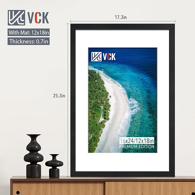 VCK 16x24 Poster Frame Black 2 Pack - with Mat 12x18, Textured Exclusive Solid Wood Picture Frame, Wall Mounting Hanging