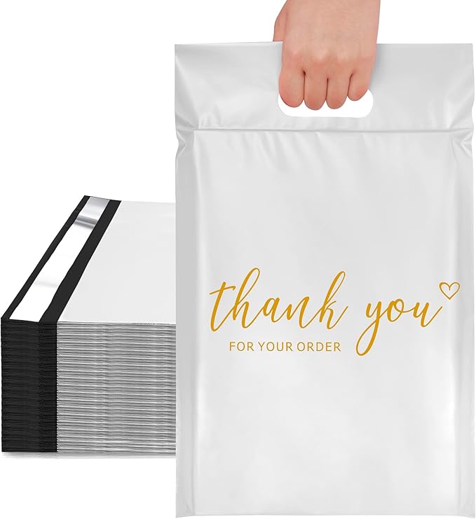 JinRuiKJ Poly Mailers with Handle 10x13 Inch 25 Pcs, Easy to Carry Packaging Bags for Small Business, Thank You Shipping Bags with Self Adhesive Strip, Tearproof and Waterproof - White