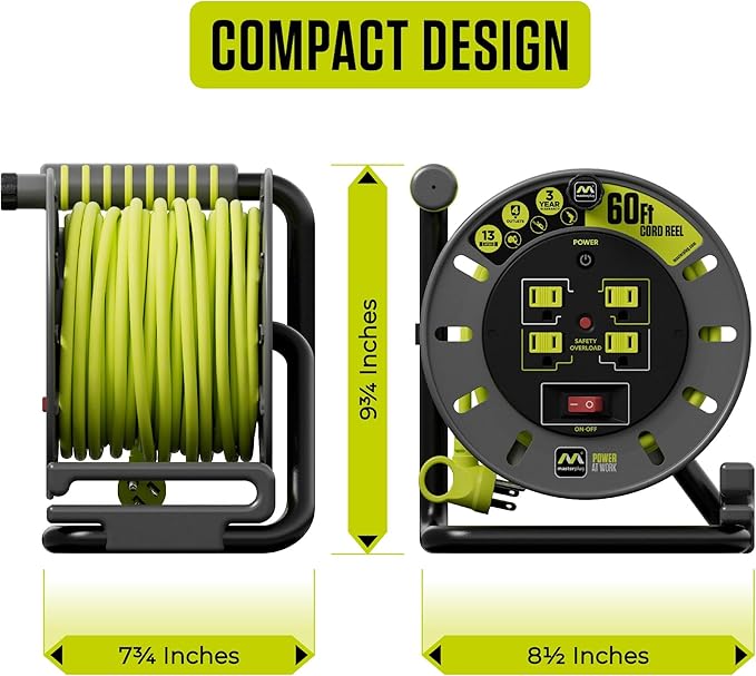 Masterplug 60ft Cord Reel, Retractable Extension Lead with Winding Handle, Safety Overload Circuit Breaker and Power Switch, 4X Grounded Outlets, 13amps, 14AWG Cable
