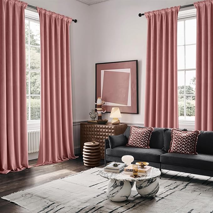 MIULEE Velvet Curtains 84 Inches Long 2 Panels Set for Bedroom, Pinch Pleat Back Tab Luxury Thermal Insulated Pink Living Room Darkening Drapes Pleated Blackout Window Curtains with Hooks, Dusty Rose