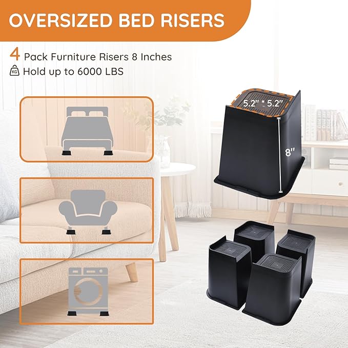 Bed Risers, Oversized Furniture Risers, 8 inch Raise Blocks for Bed Couch Desk Sofa Table Lifts, Furniture Legs Lifters Support up to 6000 Lbs (Black, 4 Pack Set)
