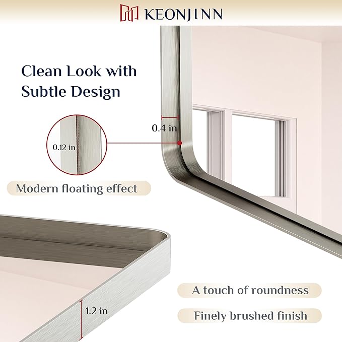 Keonjinn 32 x 36 Inch Brushed Nickel Bathroom Mirrors for Over Sink, Rounded Rectangle Silver Bathroom Vanity Mirror, Farmhouse Mirror for Wall, HD Tempered Glass, Anti-Rust Aluminum Alloy Mirror