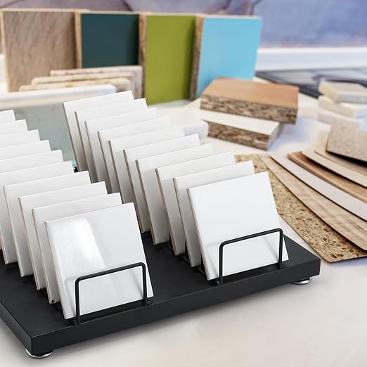 Shimeyao Desktop Tile Display Rack with 20 Card Slots Tile Sample Display Metal Stand Portable Large Capacity Wooden Floor Sample Holder Ceramic Glass Storage Organizer for Vendors Retail Counter Desk