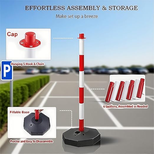 Adjustable Traffic Delineator Post Cones,10 Pack 34 Inch,Traffic Safety Delineator Barrier with Fillable Base 6.6FT Chain, for Traffic Control Warning Parking Lot Construction Caution Roads, Red&White