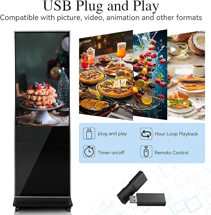 43" 4K LCD Touchscreen Digital Signage Display, Indoor Floor Standing Advertising Kiosk, Commercial Digital Signage Kiosk with Auto AD Box, HDMI WiFi Bluetooth Input, Android 12.0 Black