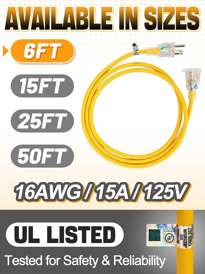 Lighted End Heavy Duty Outdoor Extension Cord Waterproof -16AWG, 3 Prong, 15A, 1875W, Flexible Yellow Power Extension Cord for Outsides, 6ft