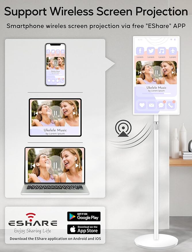 15.6" Digital Signage with 10000mAh Battery, Capacitive Touchscreen Advertising Display, Adjustable Stand, Android 11 Commercial LCD Monitor with Auto Play, Wireless Screen Mirroring, 8+128GB, White