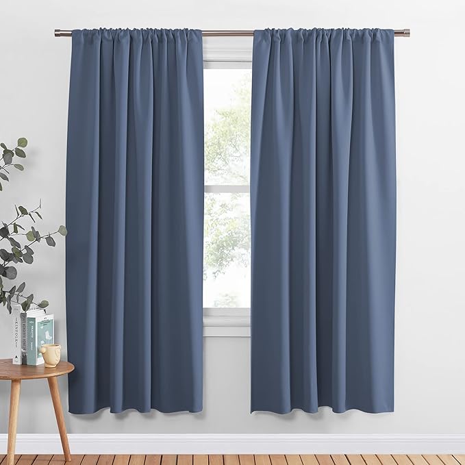 PONY DANCE 63 inch Length Curtains - Room Darkening Kitchen Solid Thermal Draperies Rod Pocket Short Panels Drapes for Bedroom Window Treatments, 52 W by 63-inch L, Blue Haze, 2 PCs
