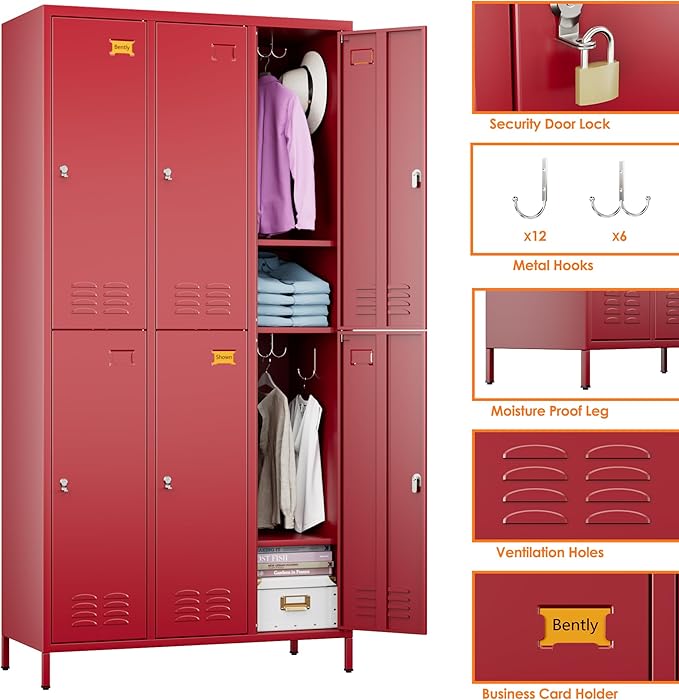 Aobabo Metal Locker for Employees, 6 Doors Metal Locker Cabinet with Lock, Industrial Storage with 18 Hooks, Storage for Home, Office, Gym, Assembly Required, Red