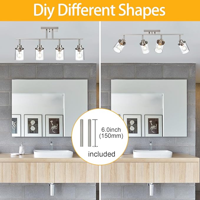 Yaohong 4-Light Track Lighting Kit Brushed Nickel Track Lighting Fixtures, Bathroom Wall Light Ceiling Mount Rotatable Spotlights, Kitchen Ceiling Light Fixtures with Glass Shade for Bathroom Hallway