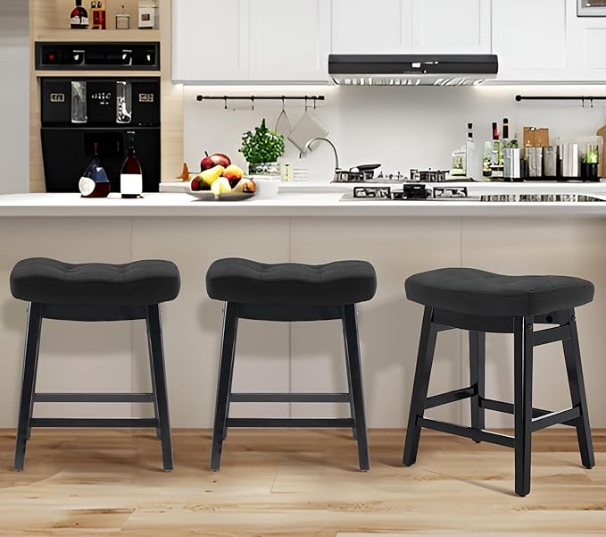 Counter Height Black Bar Stools Set of 6 for Kitchen Counter, Backless Farmhouse Kitchen Island Barstools with Upholstered Faux Leather Saddle Seat and Solid Wood Legs Modern 24 inch Bar Chairs