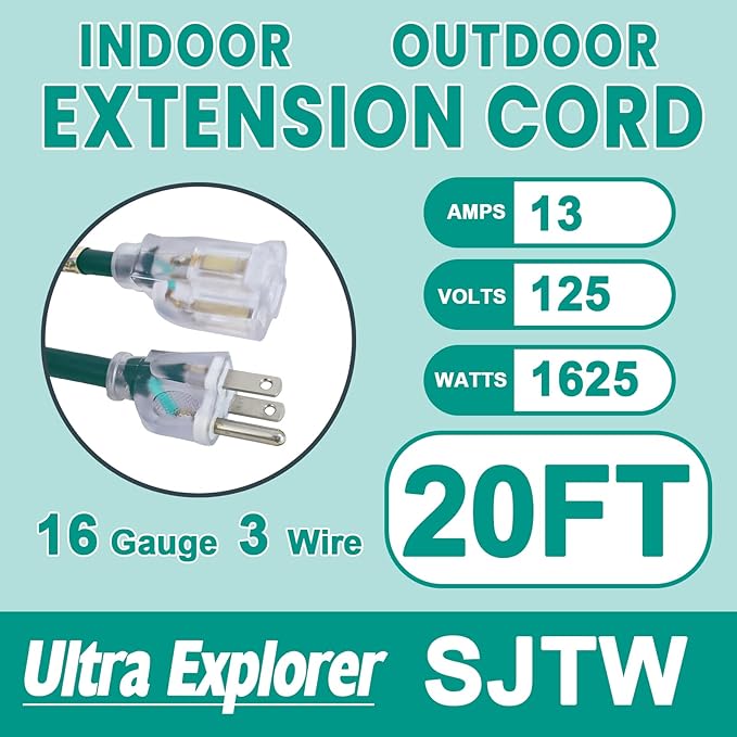 20 Ft Indoor Outdoor Green Extension Cord, 16/3 Heavy Duty Extension Cable, 3 Prong Grounded Plug with Lighted End for Appliance and Lawn, 13A, UL Listed