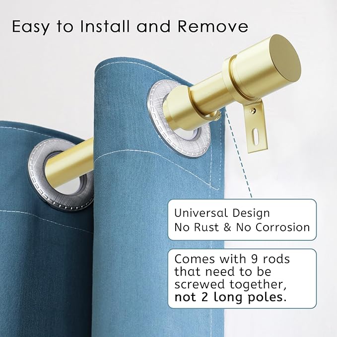 Curtain Rods for Windows 16 to 144 Inches Adjustable Length 1 Inch Diameter Window Curtain Rod with Aluminium Finials, Warm Gold