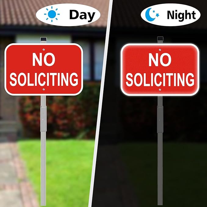 No Soliciting Sign with Stakes, Red Aluminum, 12 x 8 Inch, Heavy Duty Metal Signs, 28 Inch Stakes for Yard, Home Decor, 2 Pack