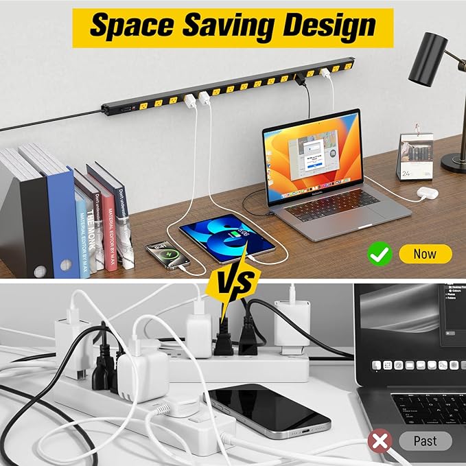 HHSOET 16 Outlet Long Power Strip, 10FT Heavy Duty Power Strip with 4800J Surge Protection, 20a Mountable Wide-Spaced Outlets for Home, Office, Garage & Workshop - ETL Certified