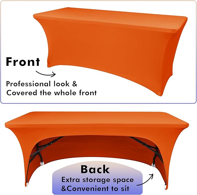 Nasitos 2 Pack Spandex Tablecloths for 6 Foot Rectangle Table - Open Back Orange Stretch Table Cloths, Wrinkle Resistant for Wedding, Parties, Buffet, Baby Shower