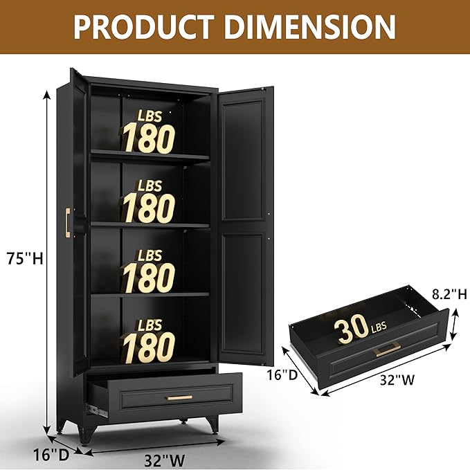 Kitchen Pantry Cabinet, 75" Tall Pantry Cabinet with Drawer, Metal Storage Cabinets with Doors and Shelves, Freestanding Food Cupboards for Dining & Living Room, Black, Assembly Required