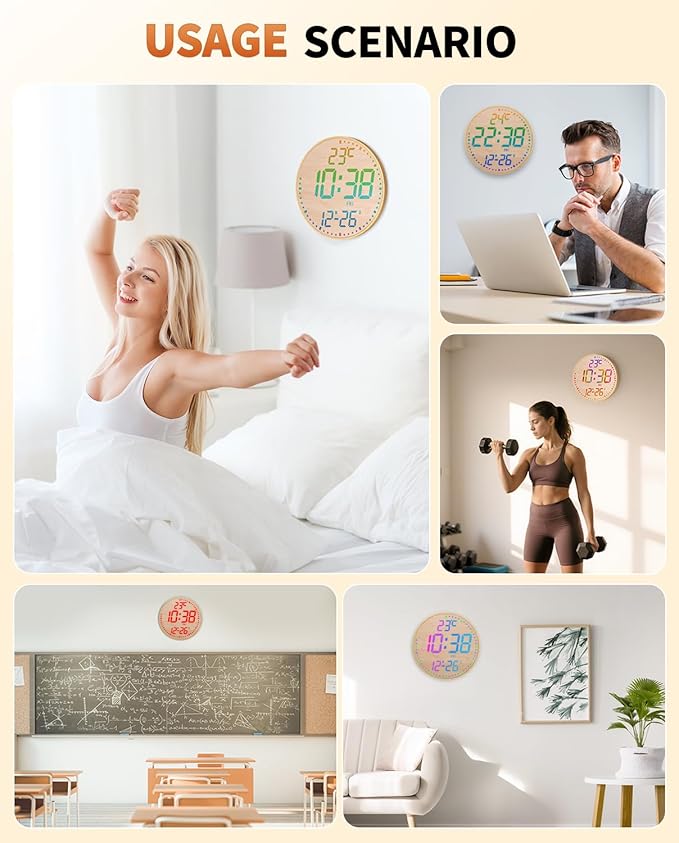 12" Large Digital Wall Mount Clock, Count Down Timer, Alarm, Big LED, 12 RGB Color, Temperature for Living Room Classroom Desk (Bamboo Elements)