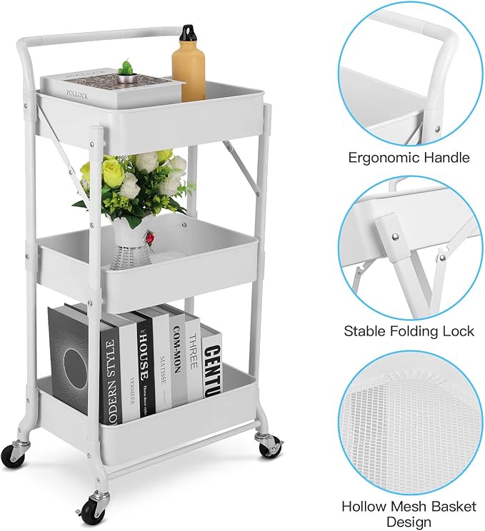 Foldable 3 Tier Metal Utility Rolling Cart, Folding Mobile Multi-Function Storage Trolley Organizer Cart for Home Library Office(White)