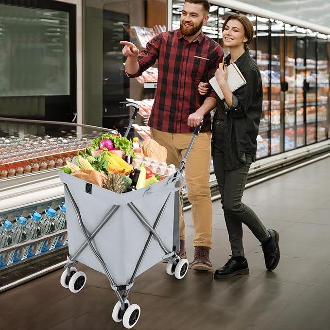 Goplus Folding Shopping Cart with Wheels, Grocery Cart with Removable Oxford Cloth Liner, Lightweight Utility Cart for Groceries Laundry, Gray