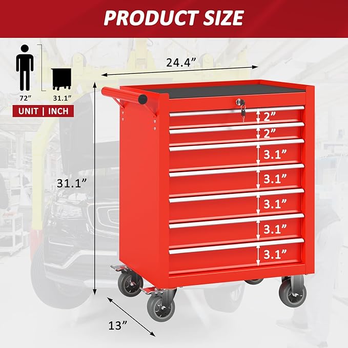 7 Drawers Rolling Tool Chest with Wheels, Portable Rolling Tool Boxes with Wheels, Tool Box Storage Cabinet with Locking System for Workshop(Red, 7 Drawers)
