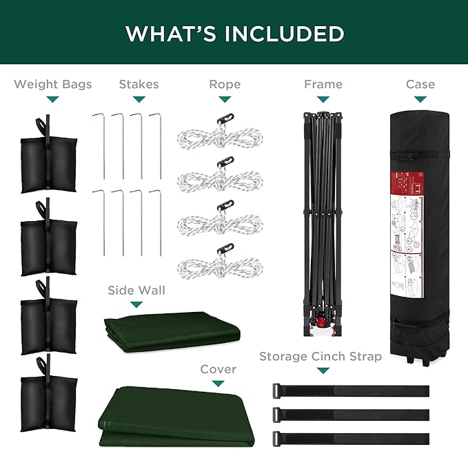 Best Choice Products 10x10ft Easy Pop Up Canopy w/Side Wall, 10 Pockets, Portable Carrying Case, 1-Button Setup, 4 Weight Bags - Dark Green
