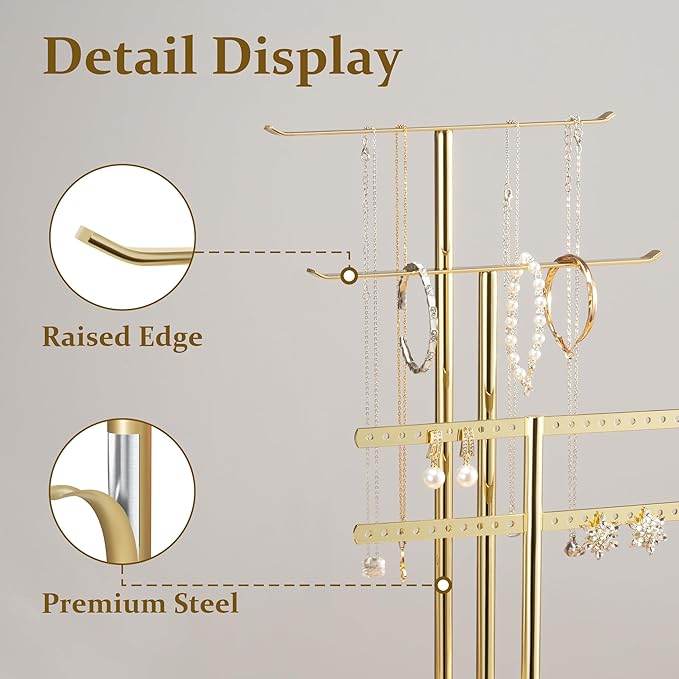 pickpiff Jewelry Stand Holder Organizer: 12.5" Sturdy Hanger for 80 Pcs Jewelry, Jewlery Tower for Display Necklace, Earring, Bracelet, Watch, Mirrored Gold