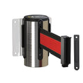 Montour Line WM115 Wall Mounted Retractable Belt Barrier with Standard Belt End, Fixed Mount, Polished Stainless Steel Casing (13 ft Black with Horizontal Red Stripe Belt)