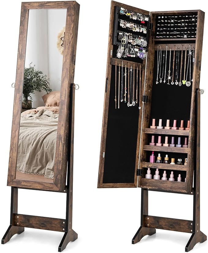 Giantex Jewelry Cabinet with Full-Length Mirror, Standing Jewelry Armoire Organizer with 64 Earring Slots, 20 Necklace Hooks, 72 Ring Slots, 4 Storage Shelves, 3 Angle Adjustable, Rustic Brown