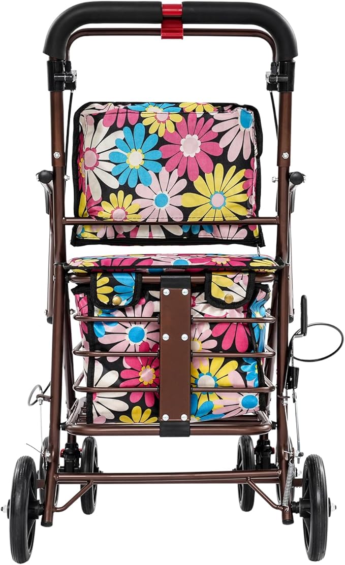 Shopping Cart, 220lbs Foldable Shopping Cart, Utility Cart with Seat & 360° Wheels, for Groceries, Laundry, Camping (Flower)