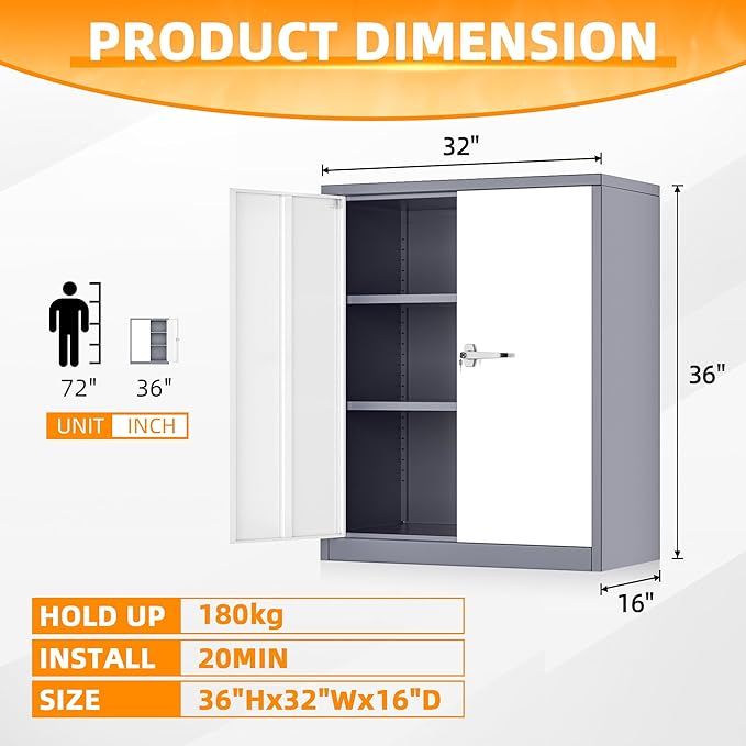 INTERGREAT Metal Garage Storage Cabinet, 36" Lockable Storage Cabinet with 2 Doors and 2 Adjustable Shelves, Steel Grey White File Cabinet Great for Home Office, Garage, Warehouse, Study Room