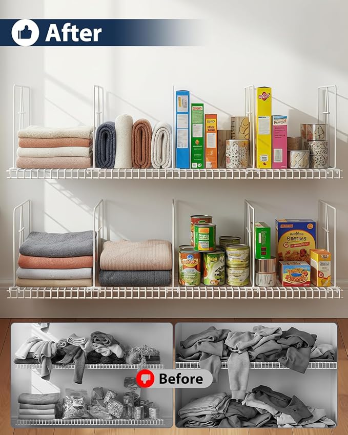 8 Pack Wire Shelf Dividers for Closet, Solid Coated Metal Closet Dividers for Closet Organization, Easy Install Closet Shelf Divider for 12'' Tall x 12'' Deep Wire Shelves and Storage, White