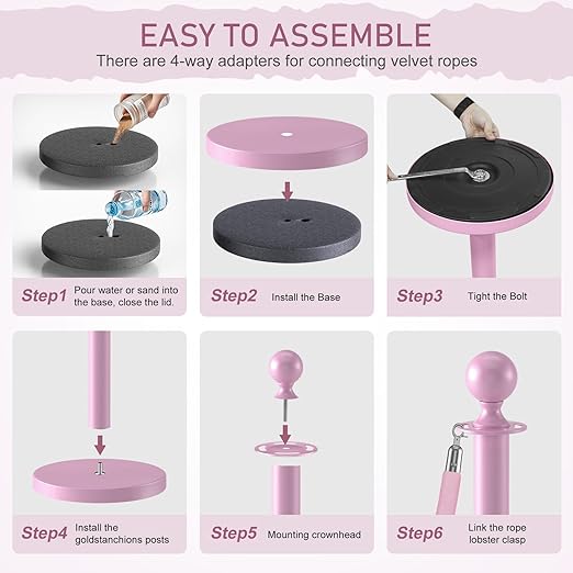 kaiyomi 8Pcs Stanchions with Pink Velvet Ropes Set, 5 Feet Velvet Ropes and Posts Poles for Red Carpet Party Decoration and 360° Photo Booth (Pink)